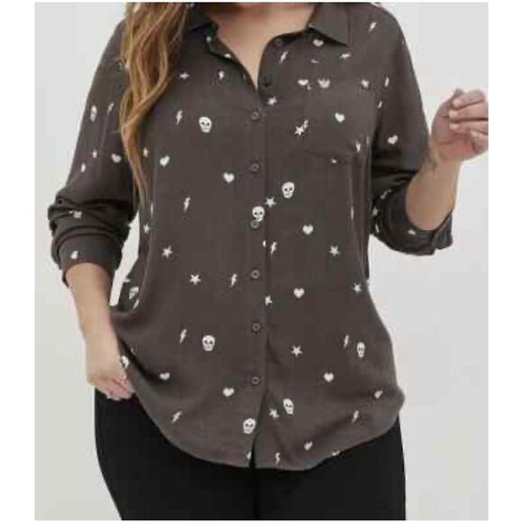 Torrid Lizzie Rayon Crepe Button Up Long Sleeve‎ Skull Heart Grey 3X NWT - Picture 1 of 6